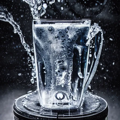 Prompt: dslr photo of a blender full of water, tornado inside of blender, full bodied portrait, very high quality, intricate details, extremely high quality, moody lighting, real camera, real photo, 8 k, full subject in shot, commercially ready