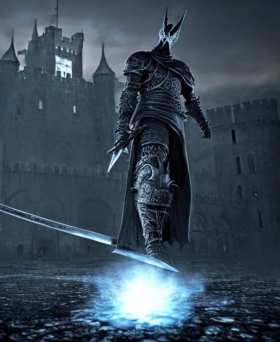 Prompt: anatomically correct dark souls knight with long sword on fire, dark night, castle on the background, wet surface, unreal engine 5, lumen technology, incredible detalization, film still, by alberto mielgo