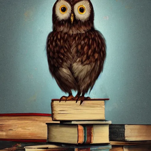 Image similar to long shot of a very cute plushy owl with closed eyes sitting on a pile of antique books, by esao andrews, by james jean, humorous illustration, hyperrealistic, big depth of field, fresh colors, dim light, 3 d octane render conceptart, 4 k, hyperdetailed, trending on artstation