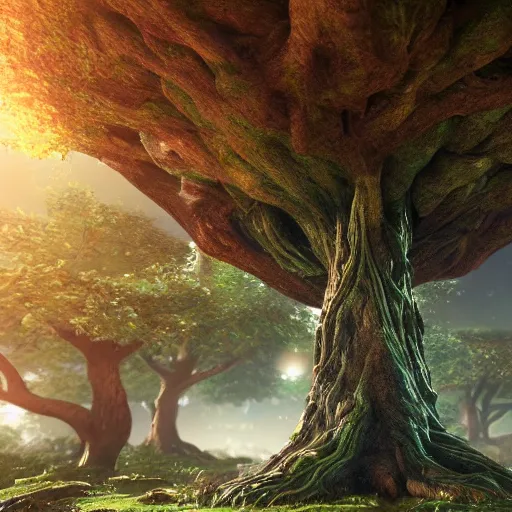 Prompt: yggdrasil the world tree, magical, light background, 8 k, unreal engine, octane render, hyperrealistic