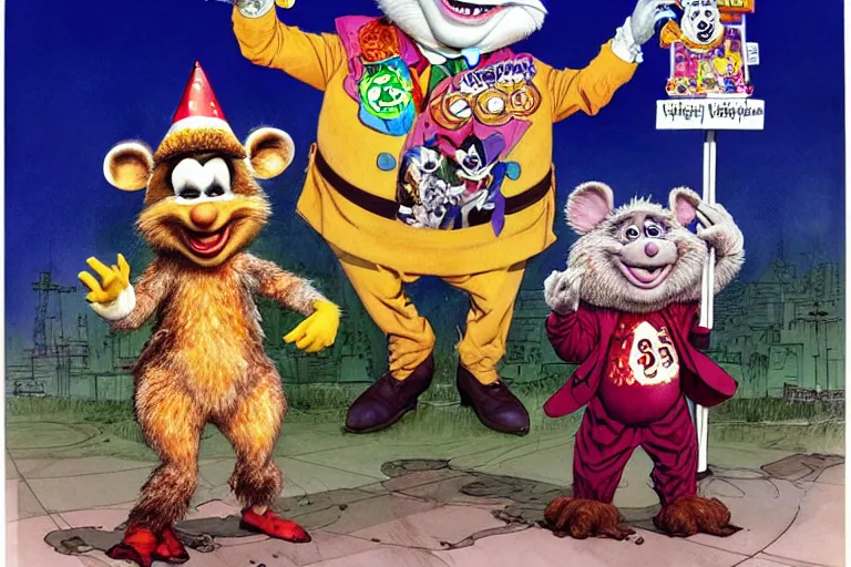 Image similar to a hyperrealist watercolour character concept art portrait of chuck e. cheese and showbiz pizza place. birthday party apocalypse. by rebecca guay, michael kaluta, charles vess and jean moebius giraud
