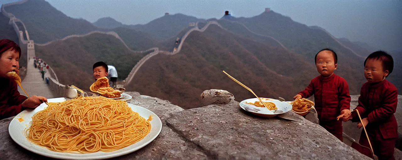 Image similar to eating spaghetti while constructing the great wall of china, fine detail, canon 5 0 mm, in the style of diane arbus, in the style wes anderson, kodachrome, retro