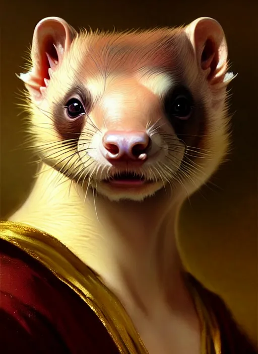Prompt: a beautiful closeup shot from a fantasy film of a humanoid ferret with golden eyes wearing a loose tunic. an anthropomorphic mustelid with gold eyes. portrait. joseph ducreux, greg rutkowski.