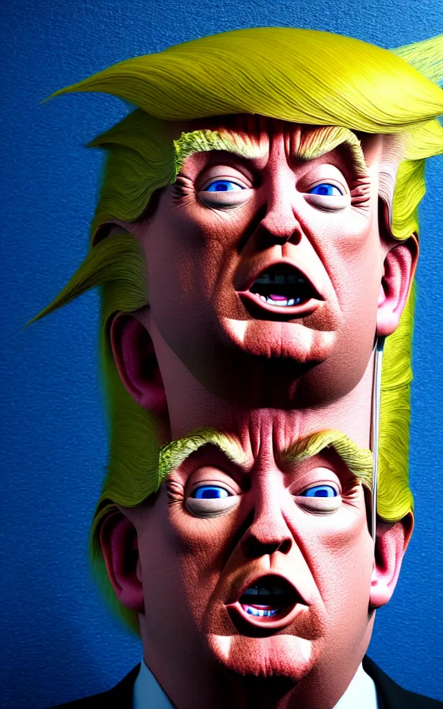 Image similar to hyperrealistic mixed media painting of Donald Trump as a Troll doll, stunning 3d render inspired art by P. Craig Russell and Barry Windsor-Smith + perfect facial symmetry + dim volumetric lighting, head and shoulders, serious expression, 8k octane beautifully detailed render, post-processing, extremely hyperdetailed, intricate, epic composition, grim yet sparkling atmosphere, cinematic lighting + masterpiece, trending on artstation, very detailed, masterpiece, stunning