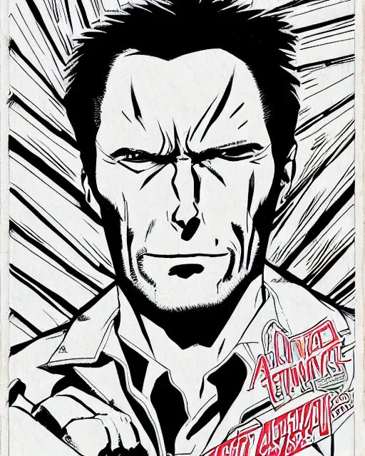 Image similar to Digital color pen drawing of Clint Eastwood from JoJo\'s Bizzare Adventure, highly detailed, sharp focus, screentone shading, 1990 manga panel, trending on ArtStation, manga cover art drawn by Hirohiko Araki