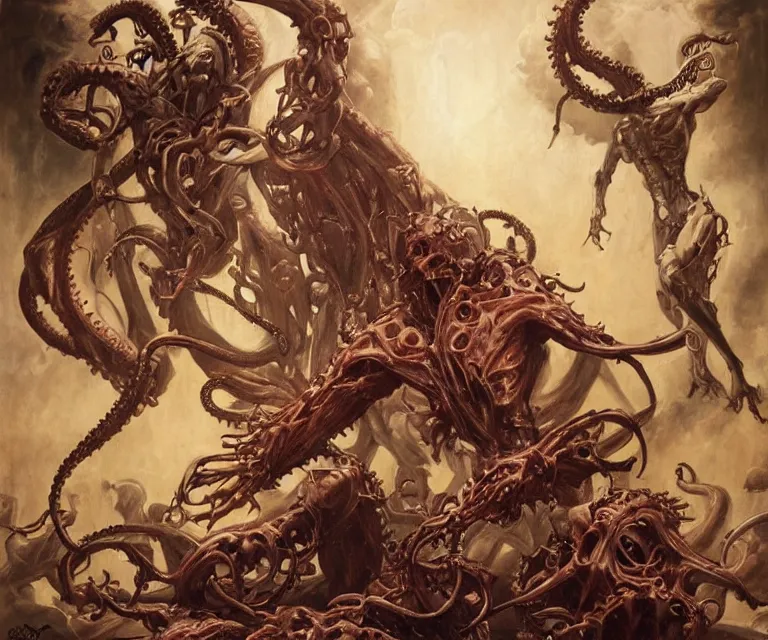Prompt: elegant renaissance painting of biomechanical warhammer final boss bodybuilder vecna battle, art by alex ross and peter mohrbacher, epic biblical depiction, flesh and bones, fangs, teths and tentacles, corpses and shadows!