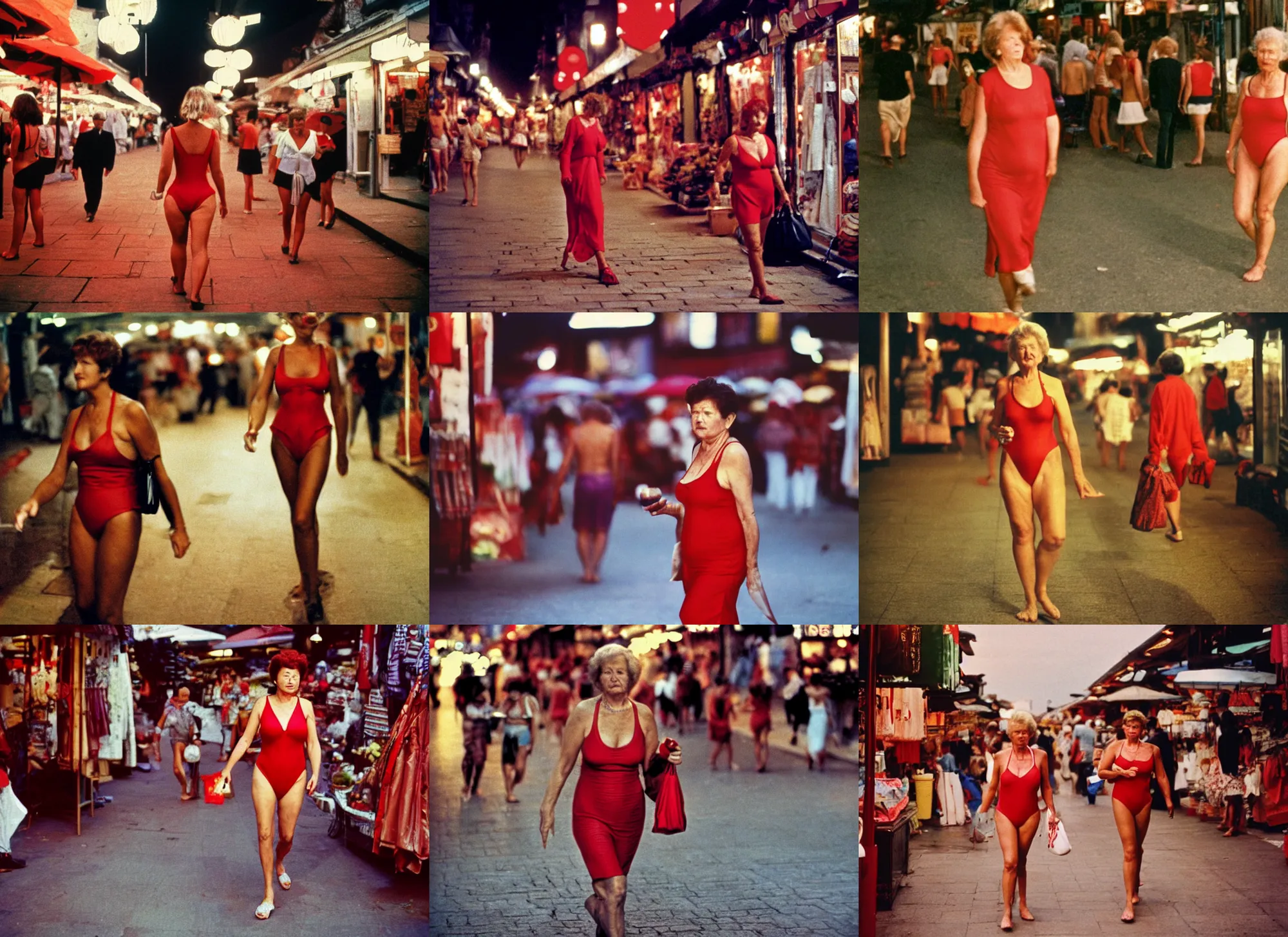 Prompt: color outdoor photograph portrait of a mature woman in red swimsuit walking on the market district, many people, night, summer, dramatic lighting, 1 9 9 0 photo from live magazine.