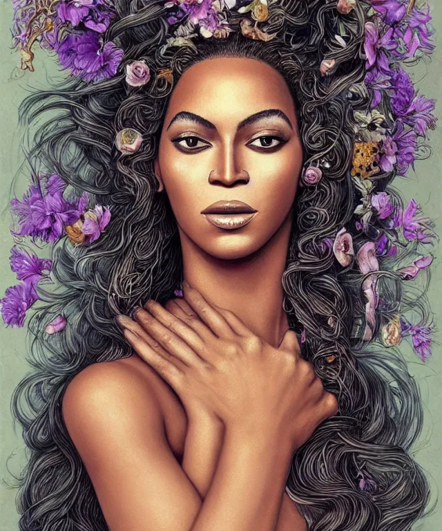 Image similar to facial portrait of Beyonce as a young pretty woman in flowing dress, arrogant, mysterious, long fine flowing hair, delicate, looking at camera, realistic face, intricate, stylish, elegant, grimdark, flowers, extremely detailed photograph by Martine Johanna and Ernst Haeckel and Greg Rutkowski