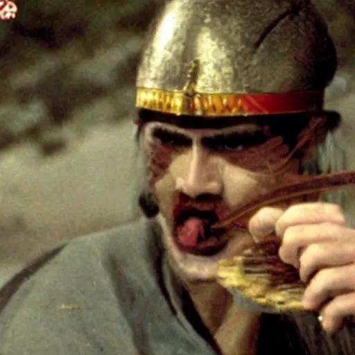 Prompt: a samurai eating a delicious hot dog, scene from Kagemusha, 1980, movie still, cinematic,