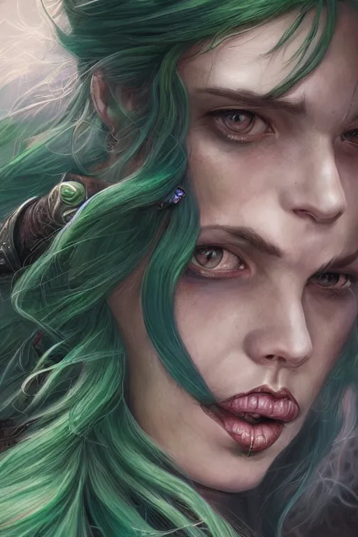 Prompt: closeup portrait shot of green hair tattooed pinup hannah murray, rogue bard, dnd, highly detailed, digital painting, artstation, concept art, soft focus, depth of field, artgerm, tomasz alen kopera, peter mohrbacher, donato giancola, wlop, boris vallejo