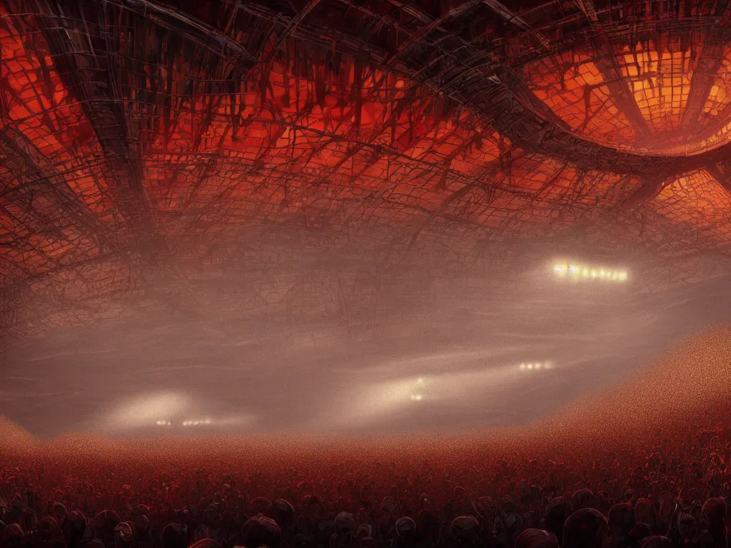 Prompt: a large concert stadium in hell, high contrast, stage lighting, pyrotechnics, ghibli animated film, volumetric lighting, octane render by stanley artgerm lau, greg rutkowski, thomas kindkade, alphonse mucha, loish, norman rockwel,