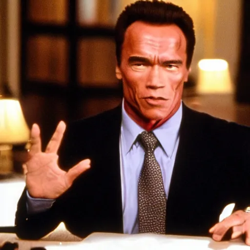 Prompt: a still from the 2001 TV Show The West Wing Starring Arnold Schwarzenegger