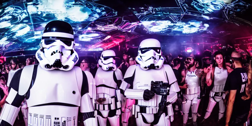 Prompt: stormtrooper DJ holding a kickass party, good music, dance trance EDM festival, 4k, wide angle shot, sony A3III camera shot, the empires force dancing on the beat, Imperial star destroyer dance floor, good drop, dancing stormtroopers, Live 3hr festival videoclip, 4k ultra HD