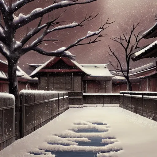 Prompt: beautiful illustration of snowy Japanese courtyard by Makoto Shinkai