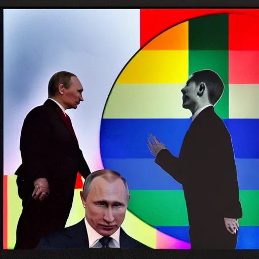 Prompt: putin kissing a guy in front of a rainbow flag, photorealistic.