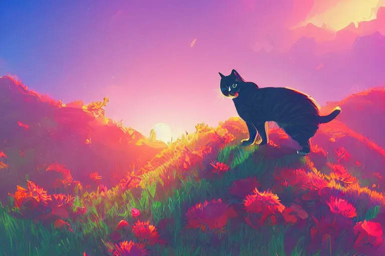 Image similar to a digital art of a cat standing on the top of the hill with flowers around in the afternoon, sunshine, cute, illustration, animal, light effect, highly detailed, by anton fadeev