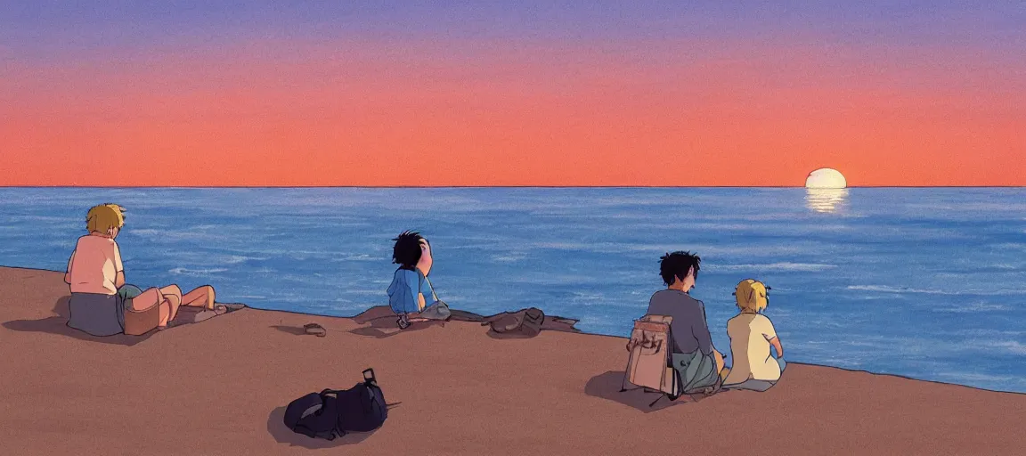 Prompt: a couple watching the sunset by the beach, by Studio Ghibli