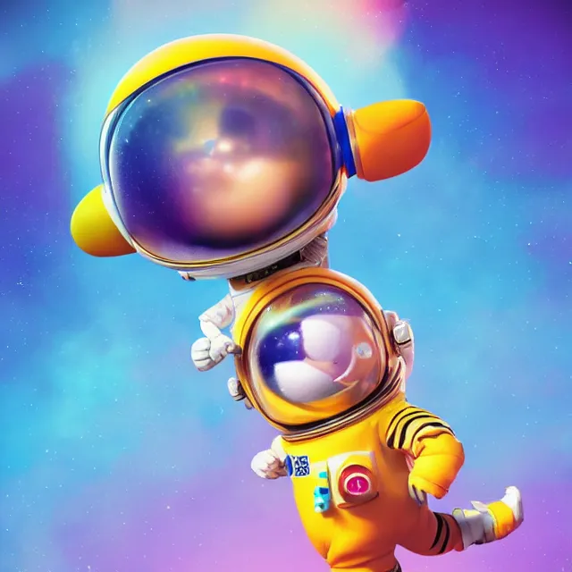 Image similar to a cute astronaut, pixar animation style, soft colors, by lisa frank, octane render, by takashi murakami, colorful, spectral color, 5 d, ultra - hd, happy, good, mini, volumetric lighting