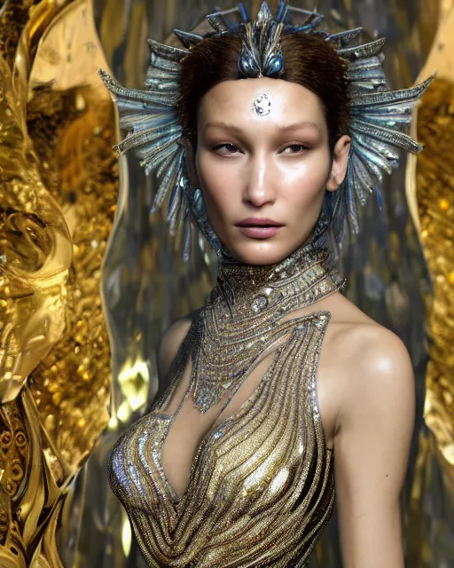 Image similar to a highly detailed metahuman 8 k close up render of bella hadid as shiva renaissance in iris van herpen dress schiaparelli in diamonds crystals swarovski and jewelry iridescent in style of alphonse mucha gustav klimt trending on artstation made in unreal engine 4