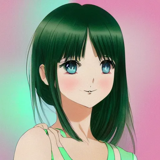Prompt: A medium shot anime portrait of a happy brunette anime woman, a single short ponytail, parted hair, bare forehead, blue-eyed, blue eyes, big round nose closed lips, with large breasts, wearing a t-shirt, green gradient background, by Stanley Artgerm Lau, WLOP, Rossdraws, James Jean, Andrei Riabovitchev, Marc Simonetti, and Sakimi chan, trending on artstation