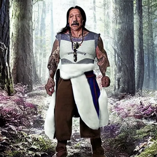 Prompt: danny trejo as snow-white i a magical forest