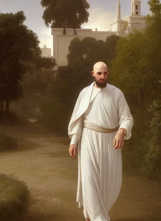 Image similar to oil painting portrait of a tonsured dominican monk in a white habit, striding dancing through a flourishing garden at sunset with a monastery in the background, hazy, digital art, chiaroscuro, artstation, cinematic, golden hour, digital art painting by greg rutkowski, william - adolphe bouguereau, hazy atmosphere, flowers, cinematic lighting