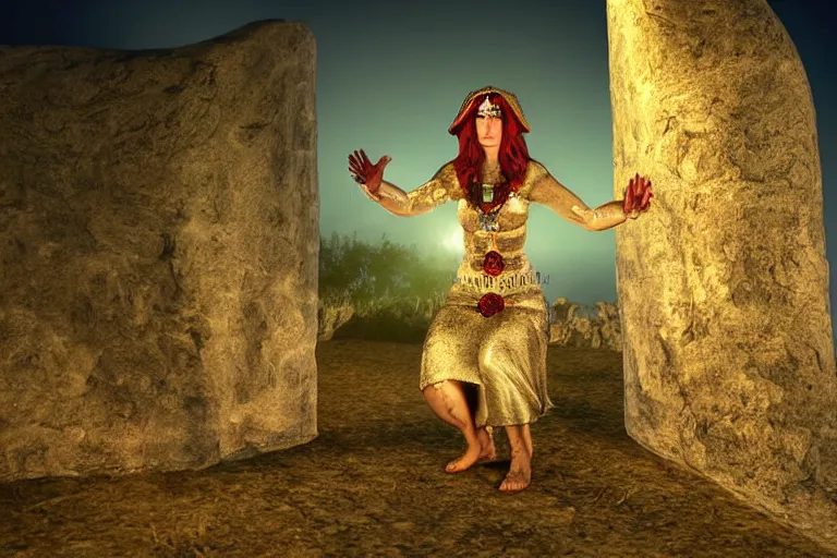 Image similar to Ġgantija megalithic temple complex malta priestess woman performing ritual at night druid fantasy art 3d render