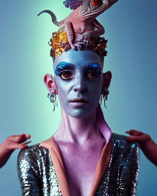 Image similar to natural light, soft focus portrait of a cyberpunk anthropomorphic chameleon with soft synthetic pink skin, blue bioluminescent plastics, smooth shiny metal, elaborate ornate head piece, piercings, skin textures, by annie leibovitz, paul lehr