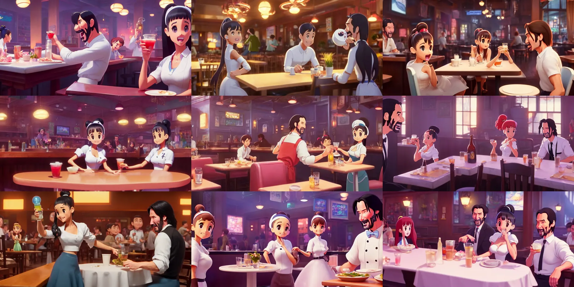 Prompt: a wholesome animation key shot of ariana grande as a waitress embarassed as she spills drinks all over customer keanu reeves who becomes furious in a restaurant, studio ghibli, pixar and disney animation, sharp, rendered in unreal engine 5, anime key art by greg rutkowski, bloom, dramatic lighting