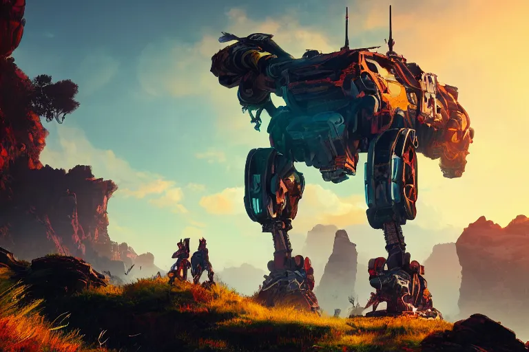 Image similar to rockbreaker machine mecanical creature robot of horizon forbidden west horizon zero dawn radiating a glowing aura global illumination ray tracing hdr fanart arstation by ian pesty and alena aenami artworks in 4 k