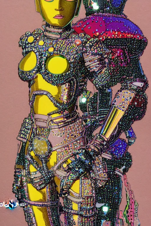 Image similar to risograph grainy drawing vintage sci - fi, satoshi kon color palette, gigantic beautiful bejeweled armored woman full - body covered in colourful gems, 1 9 6 0, kodak, metal wires, natural colors, codex seraphinianus painting by moebius and satoshi kon and alberto mielgoб extreme close - up portrait