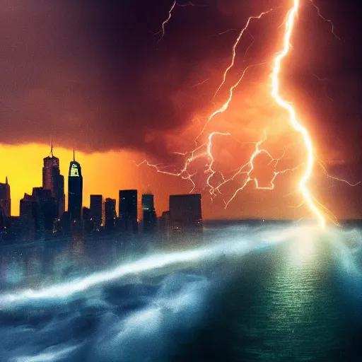 Image similar to tardigrade attacking new york, dramatic lightning, golden hour, cinematic