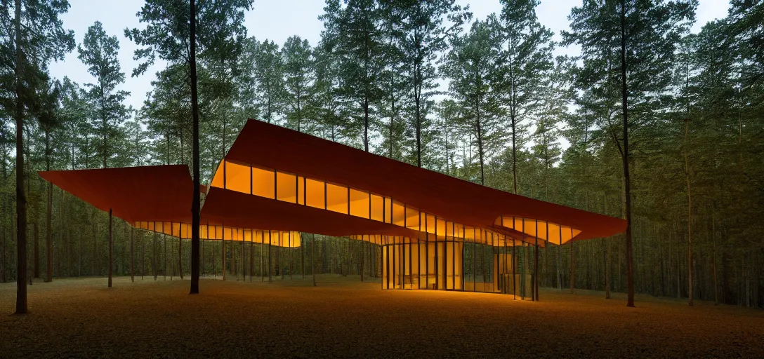 Image similar to faceted roof planes lift and descend creating shade and architectural expression, highly detailed, situated in the forest, next to a highly reflective lake, at dusk, vivid color