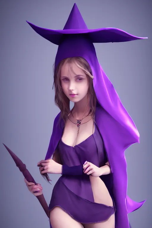 Prompt: Young cute small beautiful girl in form fitting slim purple witch robes and pointy hat at a crowded magical university, full body shot unreal engine hyperreallistic render 8k character masterpiece digital art, trending on Artstation, CGSociety