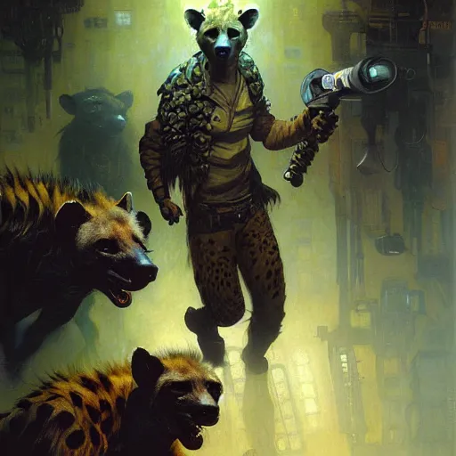 Image similar to portrait of a hyena gnoll dentist. shadowrun furaffiniy cyberpunk fantasy highly detailed painting by gaston bussiere craig mullins jc leyendecker gustav klimt artgerm greg rutkowski john berkey, bergey, craig mullins, ruan jia, raymond swanland, jeremy mann, tom lovell, alex malveda