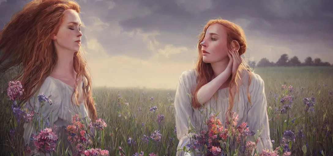 Prompt: a beautiful southern woman named Savannah Savage, innocent, sad cerulean eyes, freckles, long ginger hair tied with white ribbon, thoughtful in a field of flowers on a farm, gentle lighting, innocent mood, storm in the distance, somber, western clothing, dress,digital art by Makoto Shinkai ilya kuvshinov and Wojtek Fus, digital art, concept art,