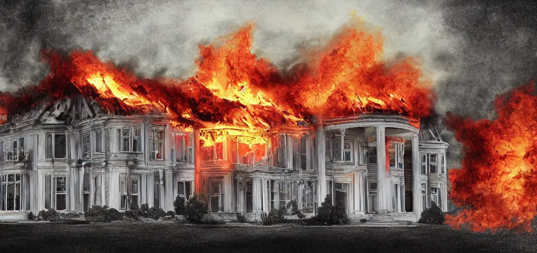 Prompt: white mansion engulfed in flames, digital art.