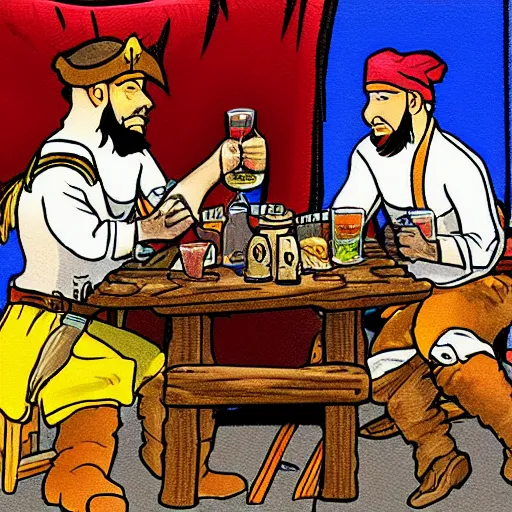 Image similar to Three important pirates drinking grog in a tavern table 16 bit computer art