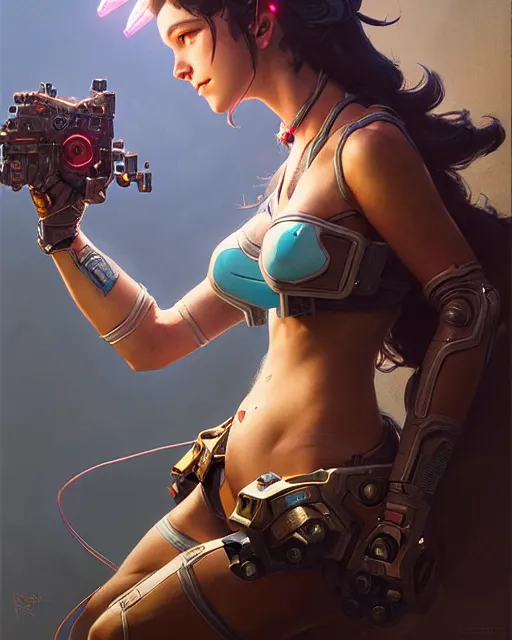 Image similar to d. va from overwatch, character portrait, concept art, intricate details, highly detailed by greg rutkowski, michael whelan and gustave dore