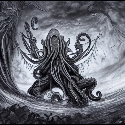 Prompt: cthulhu sleeps at r'lyeh. dramatic. wide angle. digital painting. trending on art station.