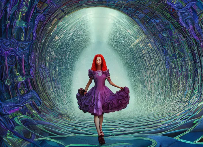 Prompt: vfx surreal 3 d portrait of alice from wonderland walking into a non - euclidean and infinite tunnel of evanescent hallucinatory images, reflections in endless mirrors, hyperdetailed, octane render, sharp focus, concept art, intricate by alex grey, greg rutkowski jeff soto and daniel merriam, dan mumford and pixar, nvidia raytracing demo