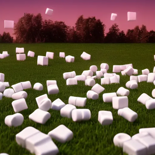 Image similar to River of chocolate in a field of marshmallows, octane render, volumetric lighting, 4K