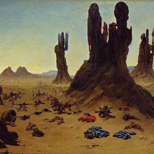 Prompt: an oil painting of a desert ground covered with some bodies of medieval soldiers, wide shot, by Frank Frazetta, by Gustave Moreau, by Georgia O Keeffe