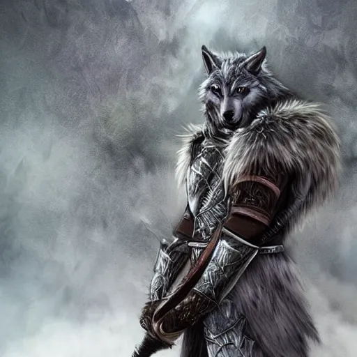 Prompt: anthropomorphic wolf knight 0 1 5 2 wearing fantasy armor, holding a sword, soft focus, soft light, foggy landscape, amazing detail, realistic fur, looking at camera