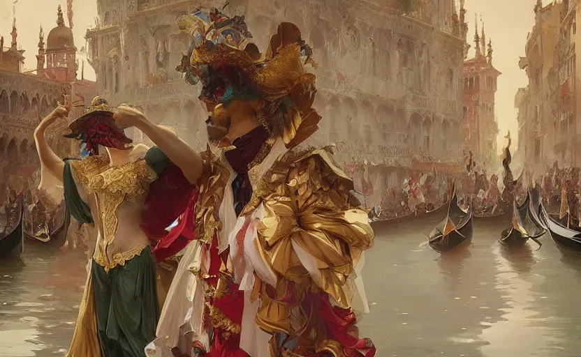 Prompt: the enchanted venice carnival dream with dancing masked people, behance hd artstation, by artgerm, greg rutkowski, alphonse mucha