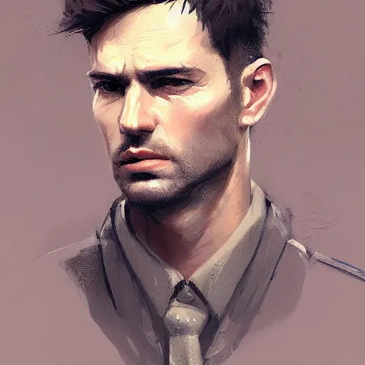 Prompt: Portrait of a man by Greg Rutkowski, he is about 30 years old, short copper hair, attractive, military composure, younger brother vibes, he is wearing futuristic military fatigues, cool uncle vibes, highly detailed portrait, digital painting, artstation, concept art, smooth, sharp foccus ilustration, Artstation HQ.