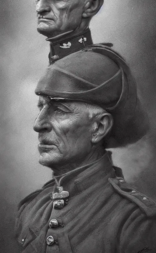 Image similar to portrait of a wwi british army general, male, detailed face, first world war, 2 0 th century, highly detailed, cinematic lighting, digital art painting by greg rutkowski