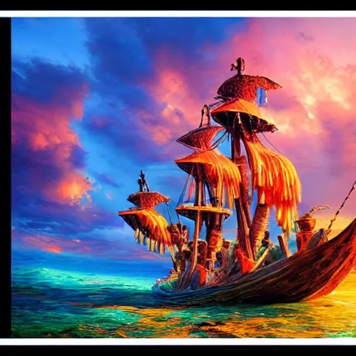 Image similar to pirate ship made of sea coral, beautiful composition, wide angle, colorful, cinematic, volumetric lighting, intricate details painting