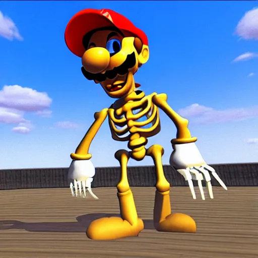 Image similar to A skeleton in the game Super Mario 64, unreal engine, highly detailed