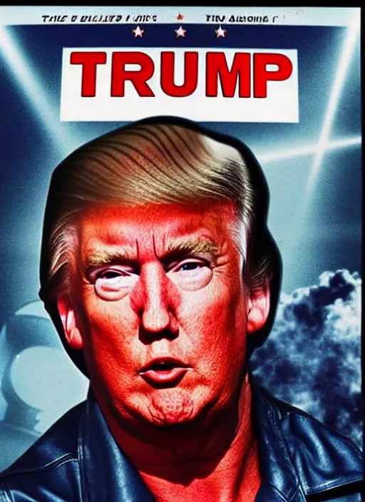 Image similar to an 8 0's john alvin action movie poster of donald trump starring in dumpster fire. explosions.